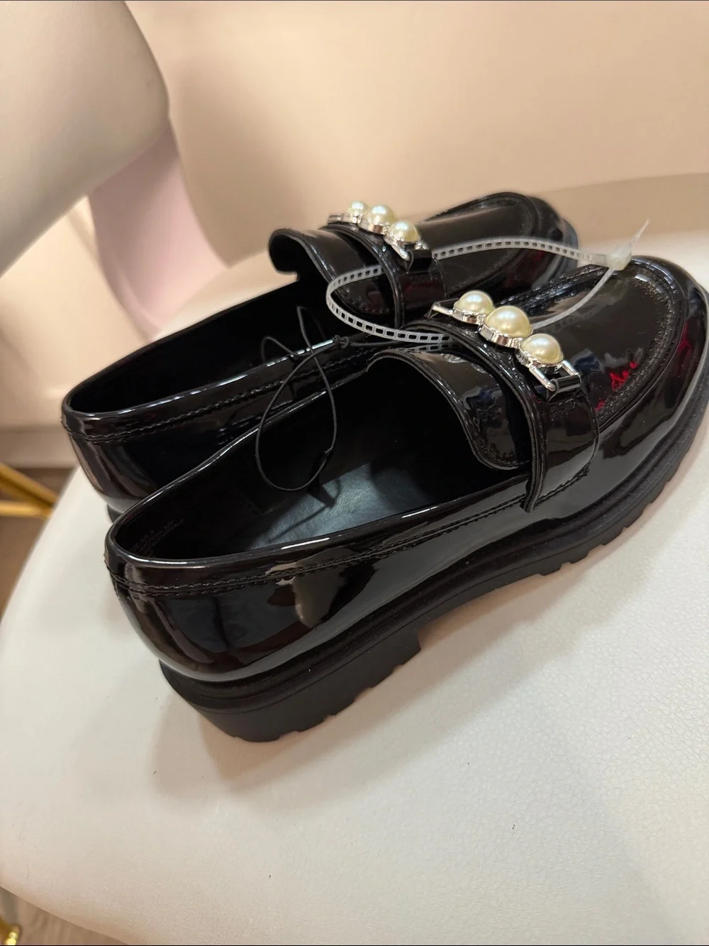 Marc Fisher Black Patent Loafers with Pearl Accent